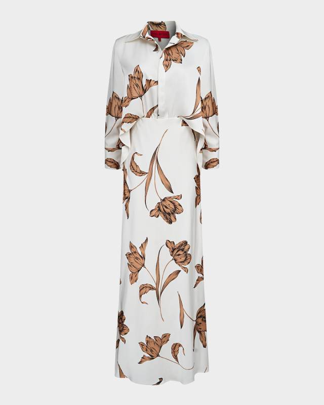 Marcelle Floral-Print Satin Shirt Gown